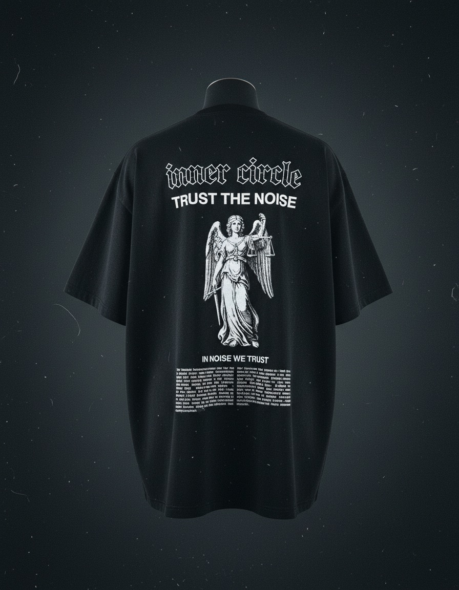 IC Justizia von hinten: schwarzes Oversize-Shirt mit Justitia-Siebdruck und Blackletter-Schriftzug